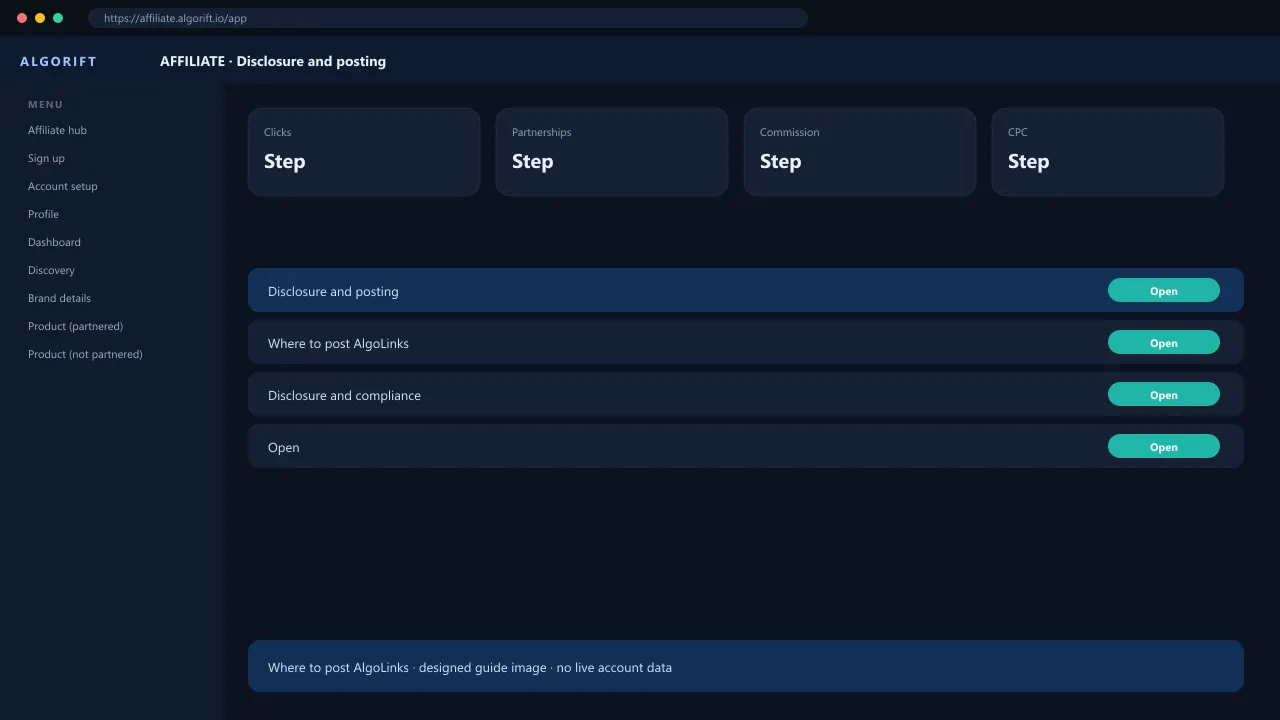 Disclosure and posting in the AlgoRift affiliate panel — steps