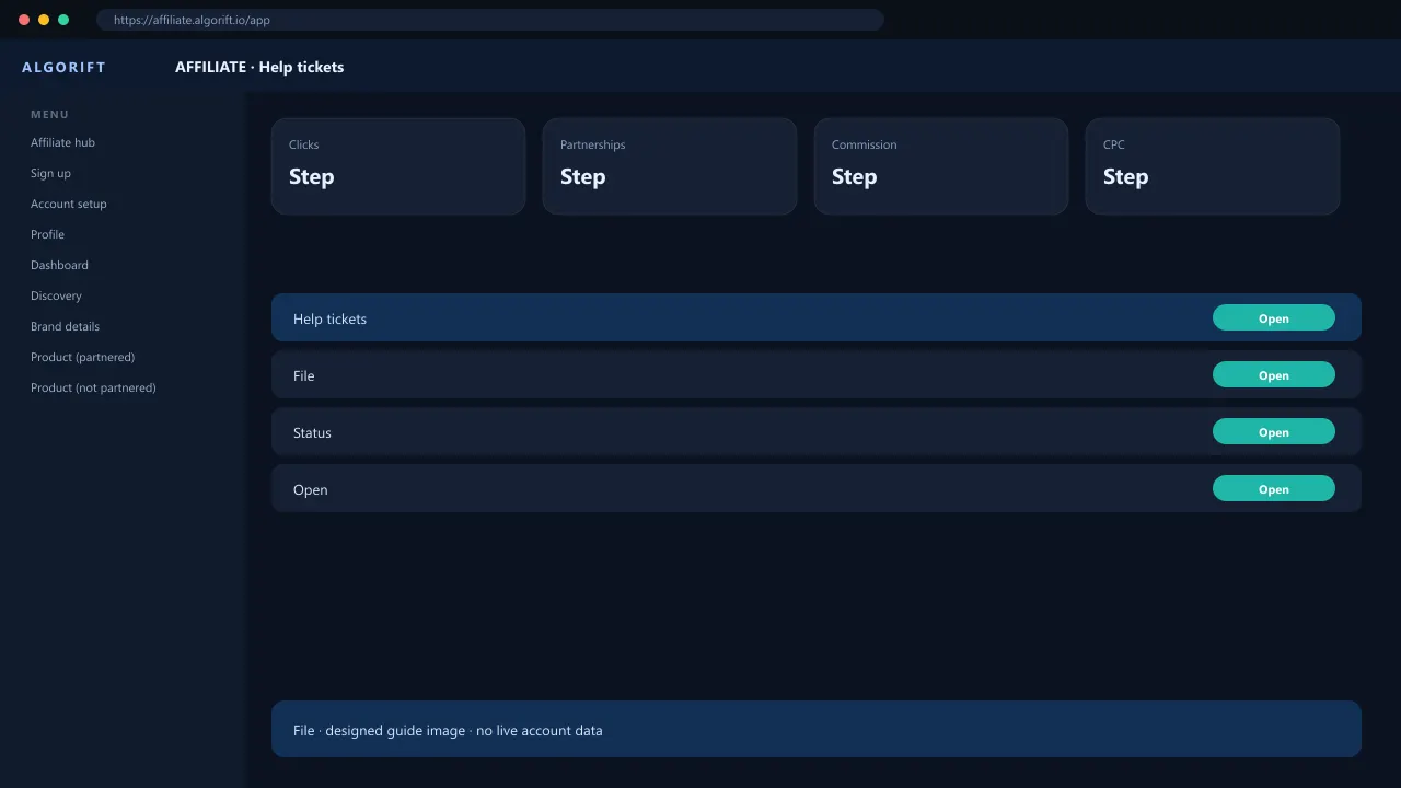 Help tickets in the AlgoRift affiliate panel — steps