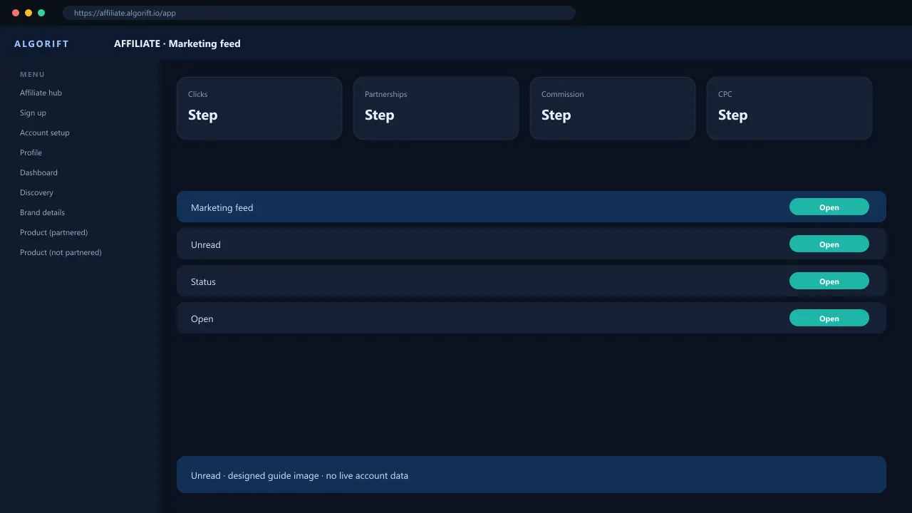 Marketing feed in the AlgoRift affiliate panel — steps