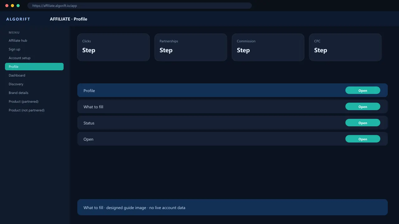Profile in the AlgoRift affiliate panel — steps