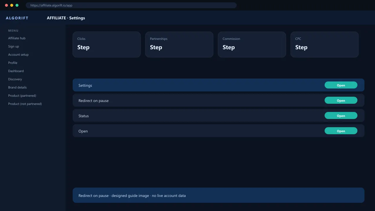 Settings in the AlgoRift affiliate panel — steps