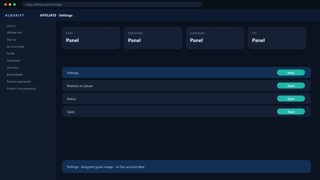 Settings in the AlgoRift affiliate panel