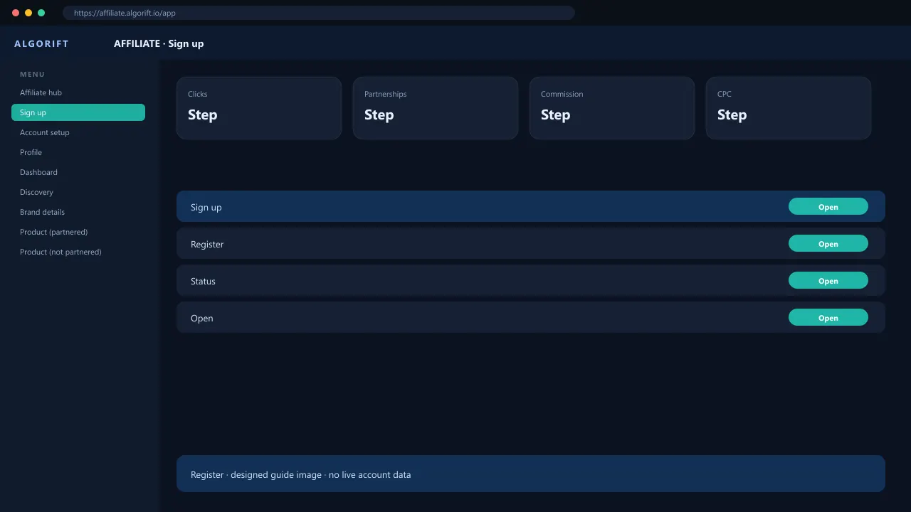 Sign up in the AlgoRift affiliate panel — steps