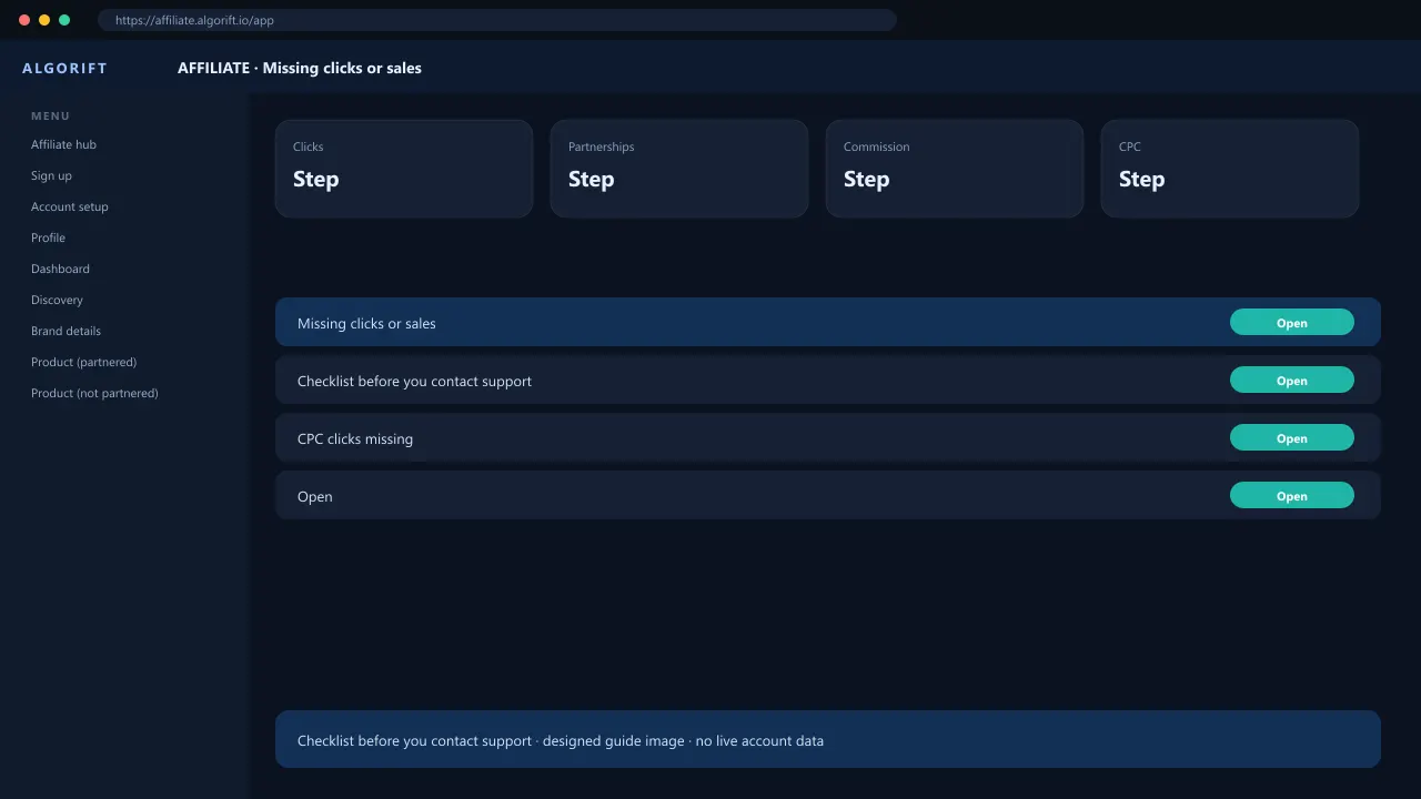 Missing clicks or sales in the AlgoRift affiliate panel — steps