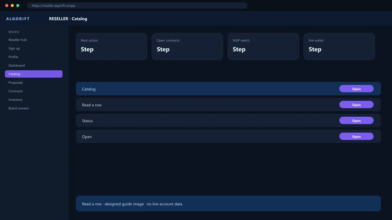 Catalog in the AlgoRift reseller panel — steps