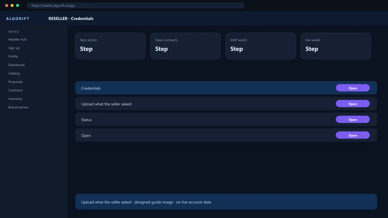 Credentials in the AlgoRift reseller panel — steps