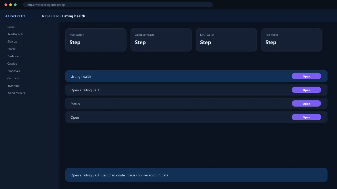 Listing health in the AlgoRift reseller panel — steps