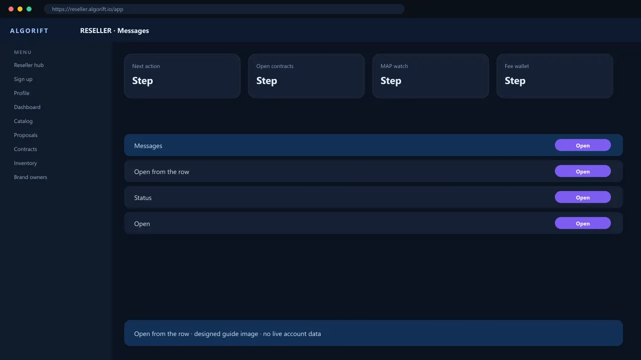 Messages in the AlgoRift reseller panel — steps
