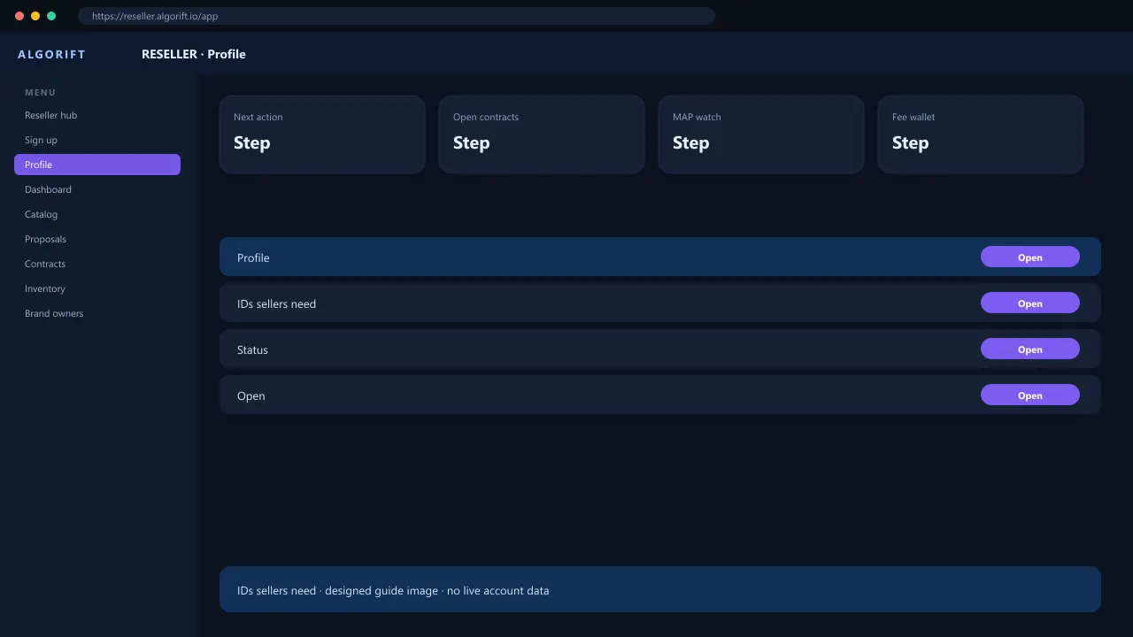Profile in the AlgoRift reseller panel — steps