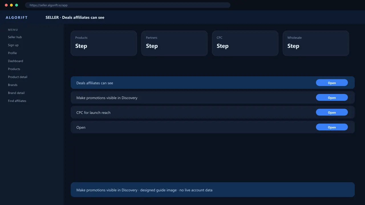 Deals affiliates can see in the AlgoRift seller panel — steps