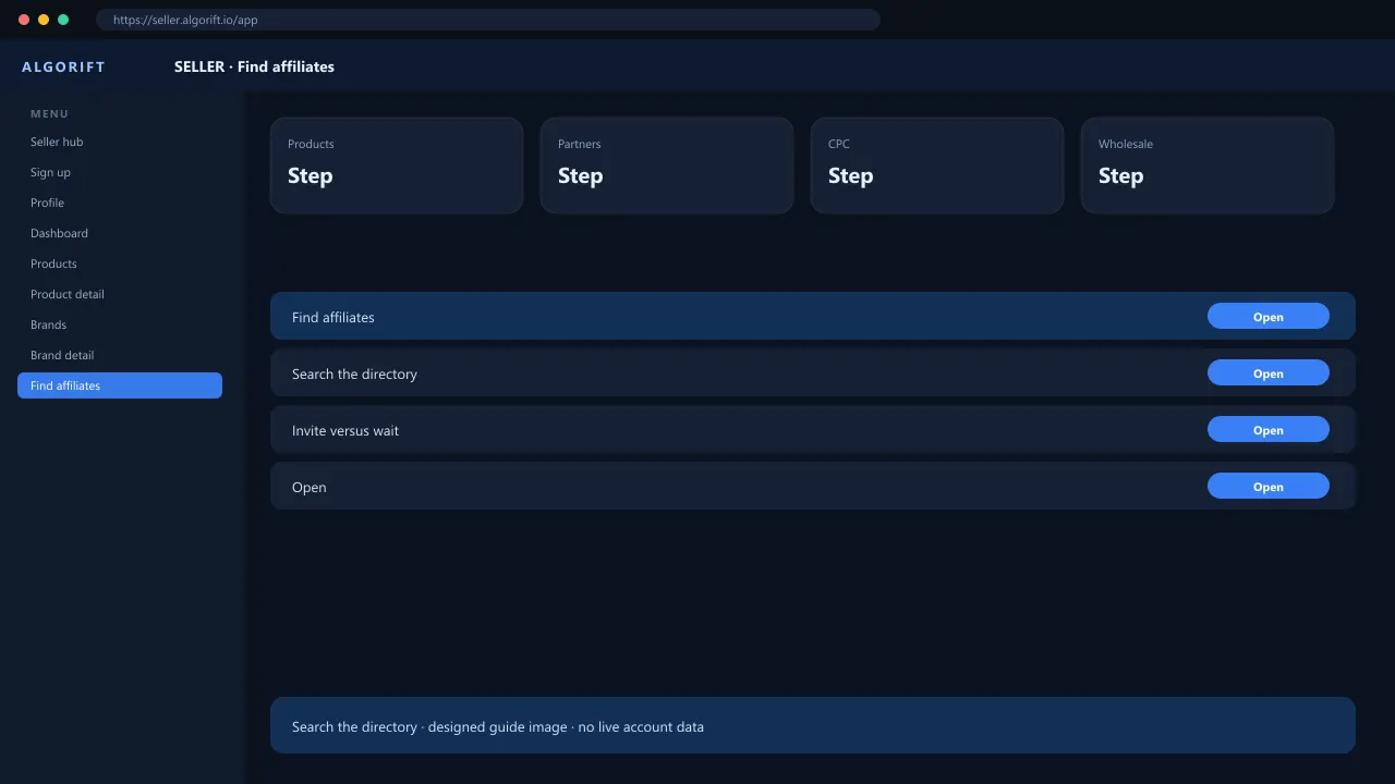 Find affiliates in the AlgoRift seller panel — steps