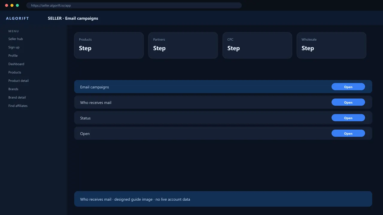 Email campaigns in the AlgoRift seller panel — steps