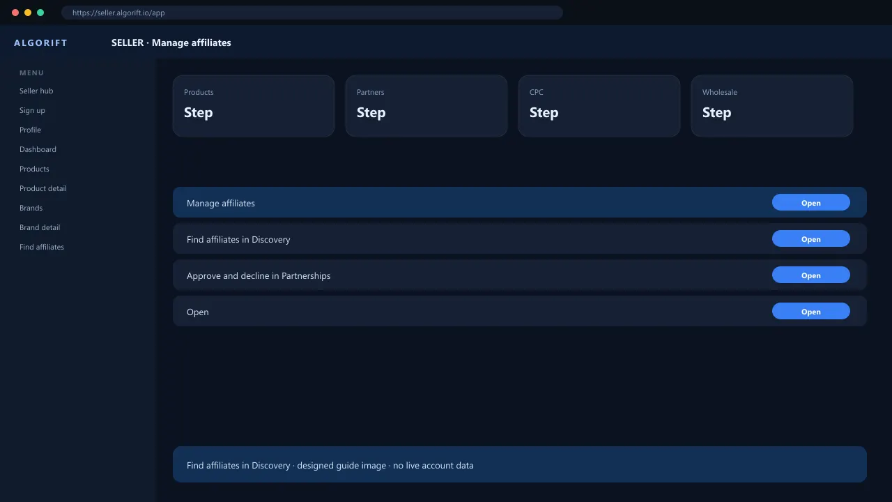 Manage affiliates in the AlgoRift seller panel — steps