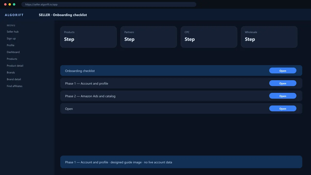Onboarding checklist in the AlgoRift seller panel — steps