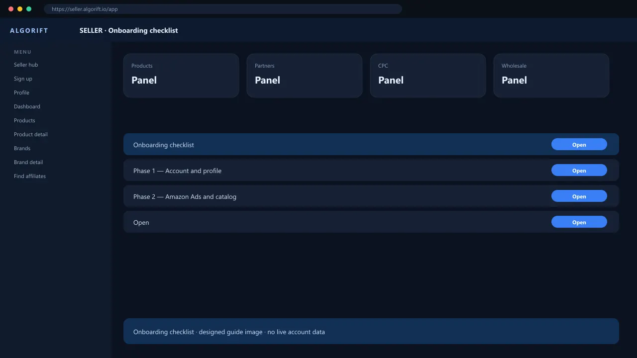 Onboarding checklist in the AlgoRift seller panel