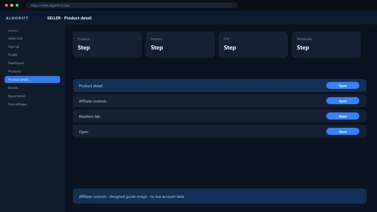 Product detail in the AlgoRift seller panel — steps