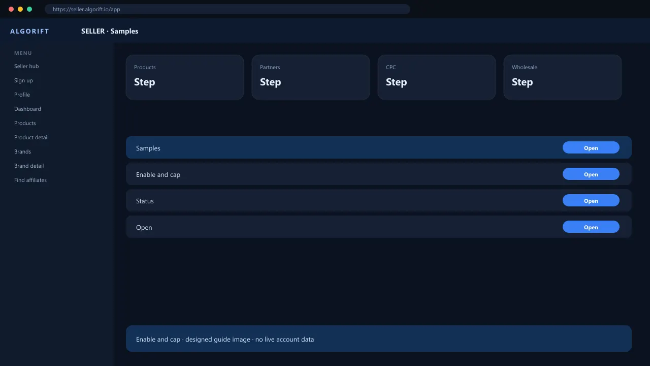 Samples in the AlgoRift seller panel — steps