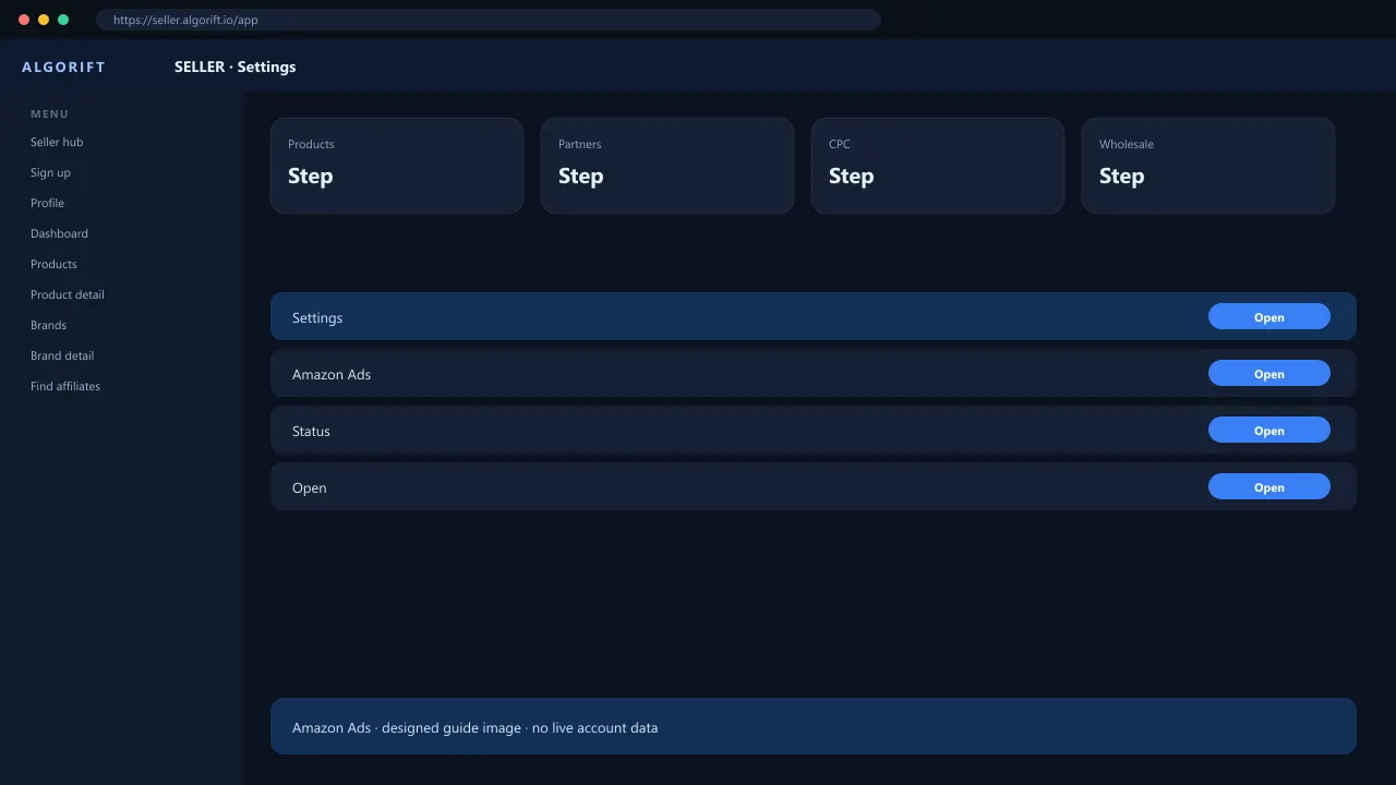 Settings in the AlgoRift seller panel — steps