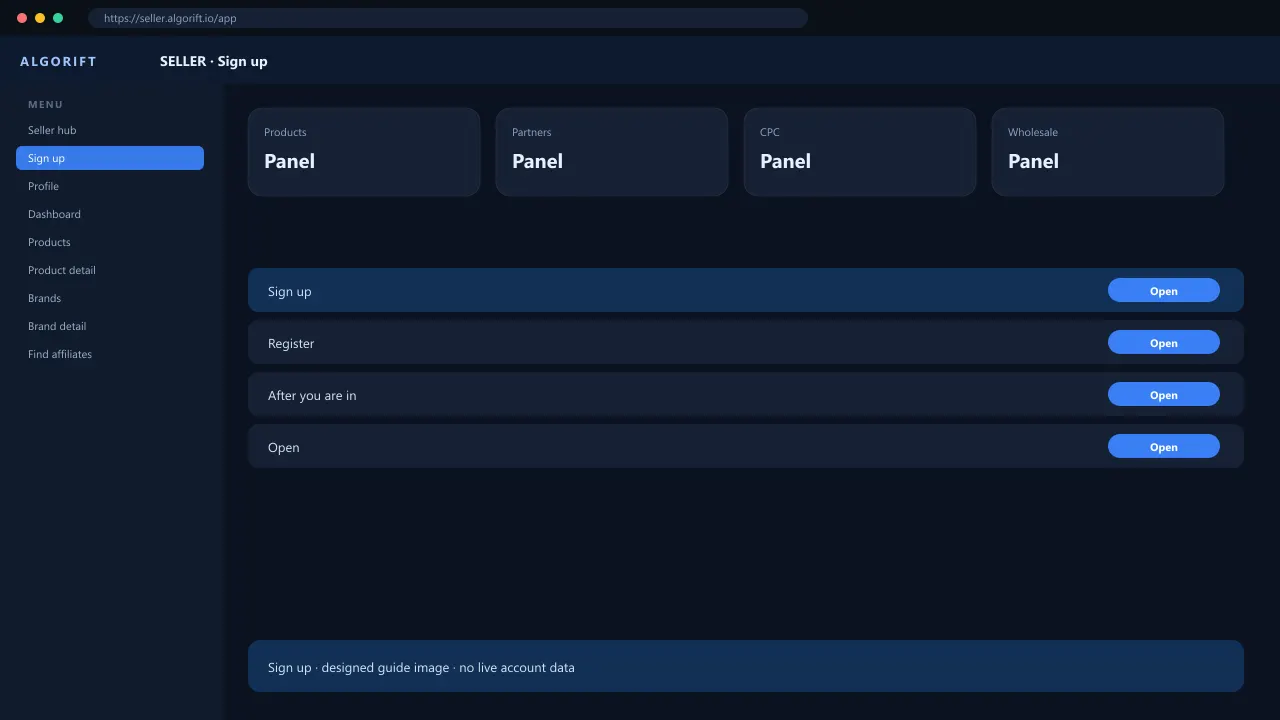 Sign up in the AlgoRift seller panel